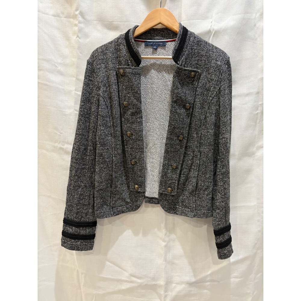 Tommy Hilfiger Womens Military Knit Jacket Grey Brass Crest Buttons Size Large